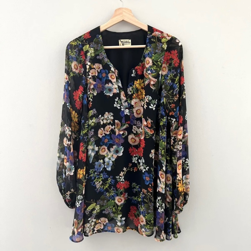 Show Me Your Mumu Women's Blouse Tunic Top Black Floral Long Sleeve Small